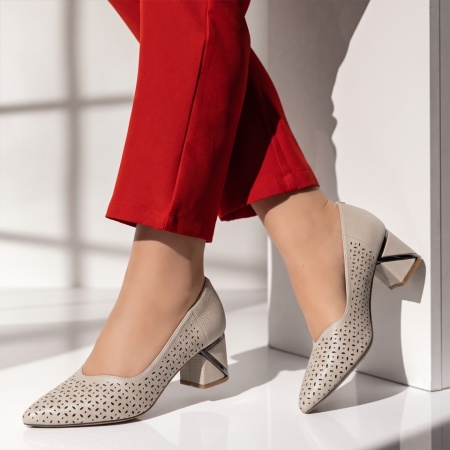 Pantofi dama cu toc gros si perforatii gri deschis INA24, 2, modlet.ro