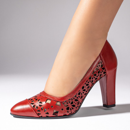 Pantofi cu toc gros dama, Pantofi dama cu toc gros si perforatii rosii din Piele naturala ZEF10236 - zeforia.ro