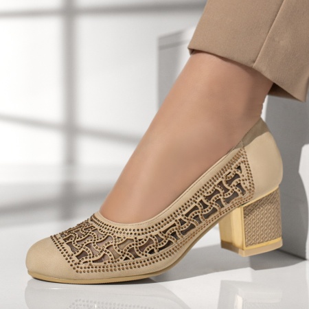 Pantofi dama, Pantofi dama cu toc gros si pietre aplicate bej MOD13011, modlet.ro