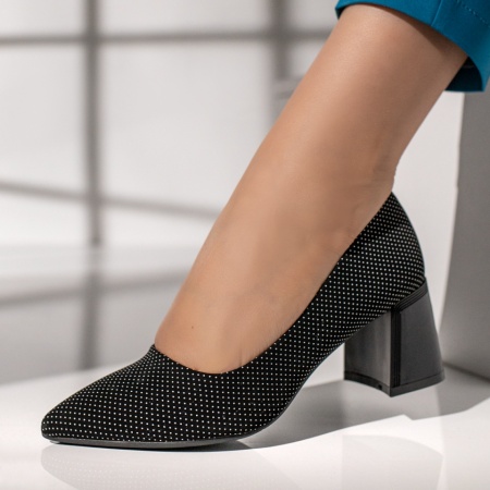 Pantofi cu toc gros dama, Pantofi dama cu toc gros si print negri MOD12124, modlet.ro