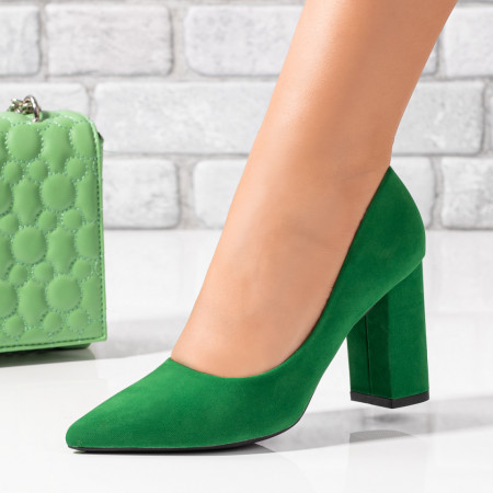Pantofi cu toc gros dama, Pantofi dama cu toc gros verde suede ZEF06129 - zeforia.ro