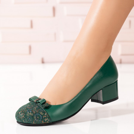 Pantofi cu toc gros dama, Pantofi dama cu toc gros verzi cu print din Piele naturala ZEF09536 - zeforia.ro