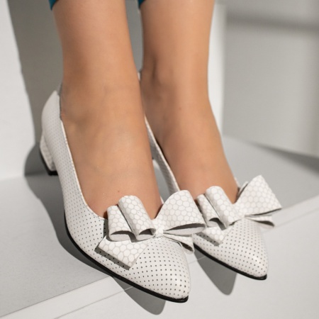 Pantofi dama cu toc mic si fundita albi din Piele naturala MOD12941, 4, modlet.ro