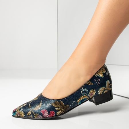 Pantofi dama cu toc mic si imprimeu albastri din Piele naturala MOD13493