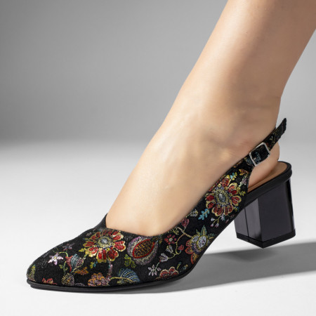 Pantofi cu toc gros dama, Pantofi dama cu toc negri cu imprimeu din Piele naturala ZEF07639 - zeforia.ro