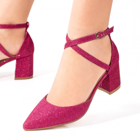 Pantofi cu toc gros dama, Pantofi dama cu toc roz glitter ZEF08627 - zeforia.ro