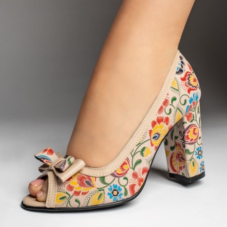 Pantofi cu toc gros dama, Pantofi dama cu toc si fundita bej cu model floral din Piele naturala ZEF13131, zeforia.ro