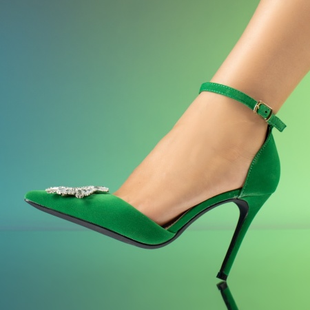 Pantofi dama cu toc subtire si accesoriu decorativ verde suede LIA85, 3, modlet.ro