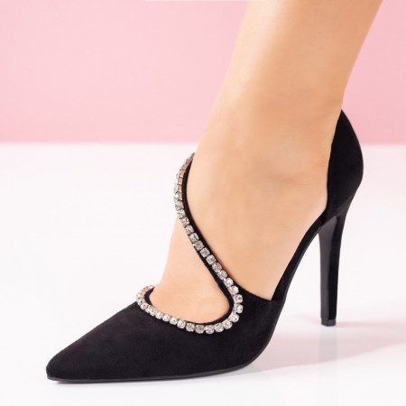 Plateste Jumatate!, Pantofi dama cu toc subtire si strasuri negri suede MOD09039, modlet.ro