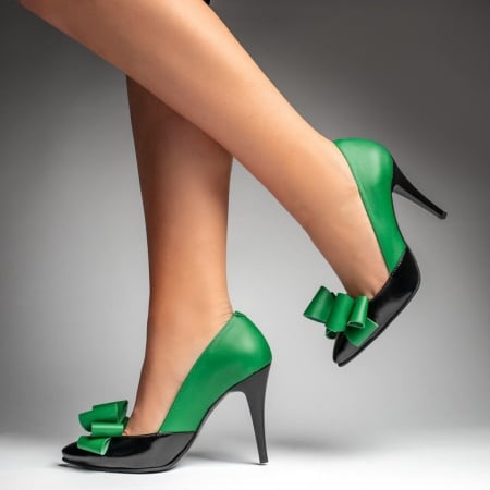 Pantofi Stiletto, Pantofi dama cu toc subtire verde cu negru din Piele naturala ZEF12931, zeforia.ro