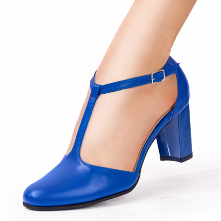 Pantofi cu toc gros dama, Pantofi dama eleganti albastri cu toc gros din Piele naturala ZEF05352 - zeforia.ro