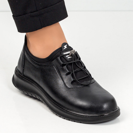 Pantofi dama negri casual cu siret si insertii de material elastic MDL05770