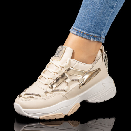 REDUCERI INCALTAMINTE, Pantofi dama sport cu siret bej cu auriu MOD10358, modlet.ro