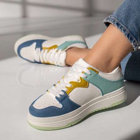 REDUCERI INCALTAMINTE, Pantofi sport dama albi cu albastru si galben MOD11775, modlet.ro