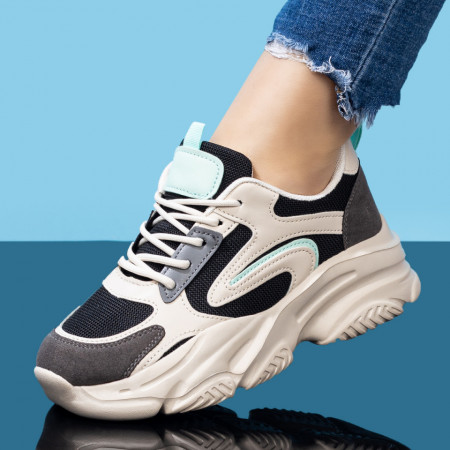 Adidasi dama, Pantofi sport dama bej cu verde si talpa groasa MOD08200, modlet.ro