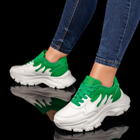Adidasi dama, Pantofi sport dama cu siret si talpa groasa albi cu verde MOD10026, modlet.ro