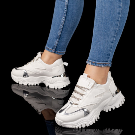 Adidasi dama, Pantofi sport dama cu siret si talpa groasa albi MOD09795, modlet.ro