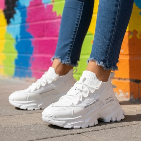 Pantofi sport dama cu talpa groasa albi MOD09199, 3, modlet.ro