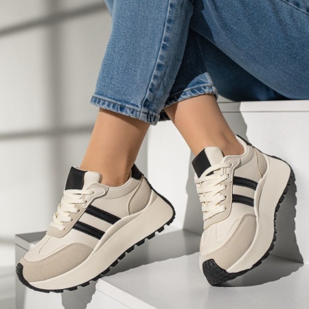 Pantofi sport dama cu talpa groasa bej cu negru MOD12999, 3, modlet.ro