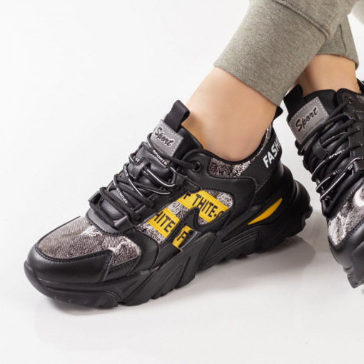 REDUCERI INCALTAMINTE, Pantofi sport dama negri cu galben din piele ecologica ZEF02975 - zeforia.ro