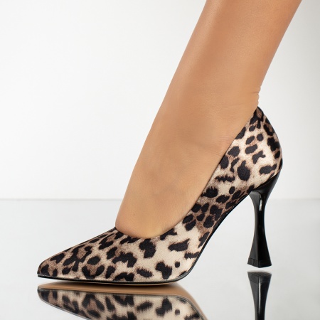 Pantofi Stiletto dama cu imprimeu bej din satin MOD13839, 4, modlet.ro
