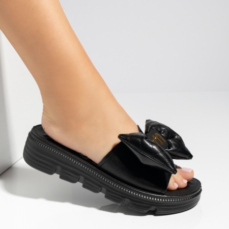 Papuci casual dama cu accesoriu decorativ negri EVA56, 3, modlet.ro