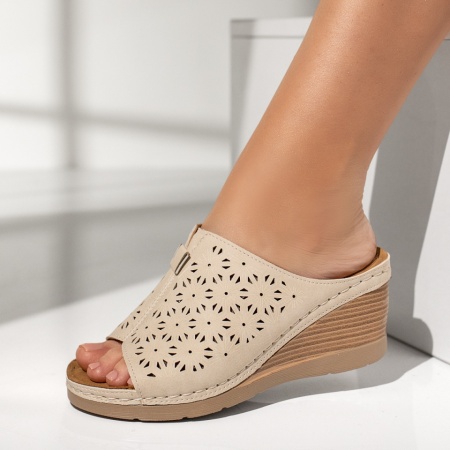 Papuci casual dama cu platforma si perforatii bej deschis MOD14338, 2, modlet.ro