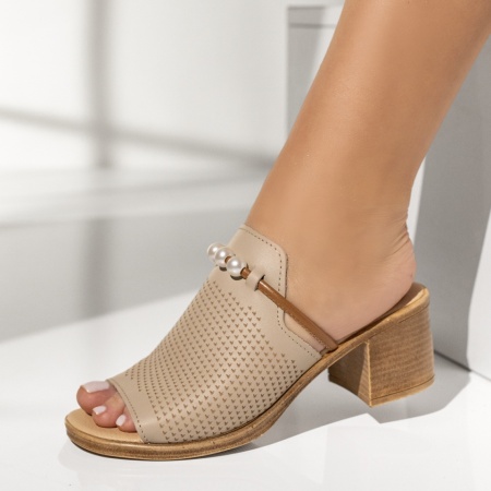 Papuci casual dama cu toc gros si aplicatii decorative bej din Piele naturala BIA6, 3, modlet.ro