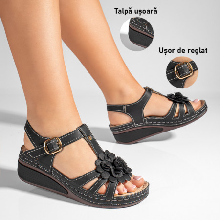 Sandale cu platforma dama si floare decorativa negre ZEF04651, 3, zeforia.ro
