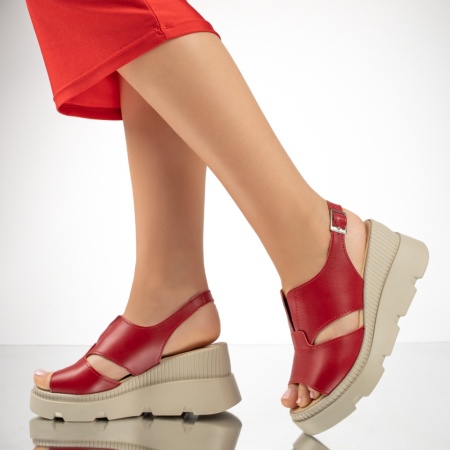 Sandale dama cu platforma si bareta rosii din Piele naturala ZEF13212