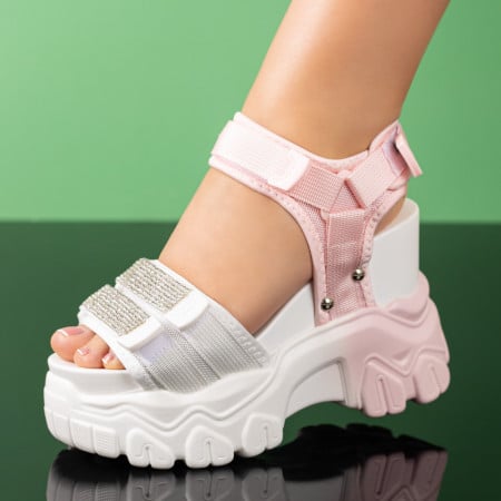 Sandale cu platforma, Sandale dama cu talpa groasa si pietre aplicate albe cu roz ZEF09173 - zeforia.ro