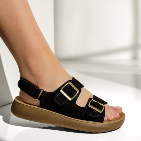 Sandale dama cu talpa joasa si inchidere cu scai negru suede MIA10, 3, modlet.ro
