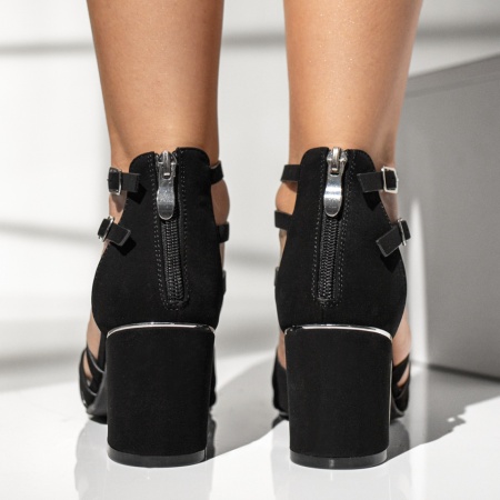 Sandale dama cu toc gros si fermoar negru suede MOD13799, 2, modlet.ro