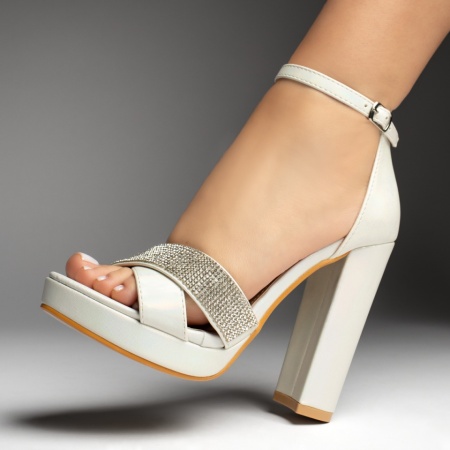 Sandale cu toc, Sandale dama cu toc gros si strasuri aplicate albe MOD13615, modlet.ro