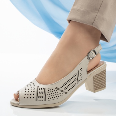 Sandale cu toc, Sandale dama cu toc si bareta bej MOD13336, modlet.ro