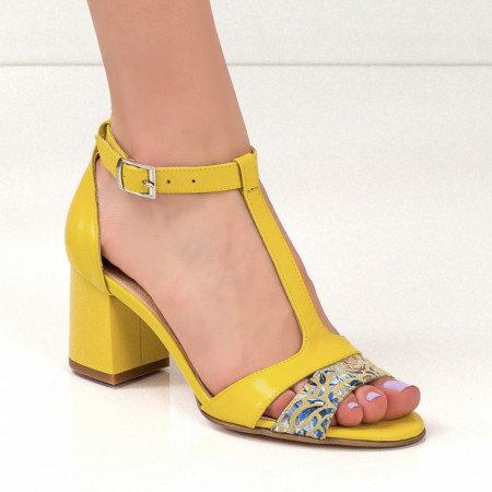 Dama - Trendy, Sandale dama galbene elegante din Piele cu toc gros ZEF07652 - zeforia.ro