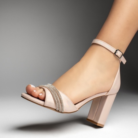 Sandale dama roz cu toc gros si aplicatie cu pietre ZEF13536