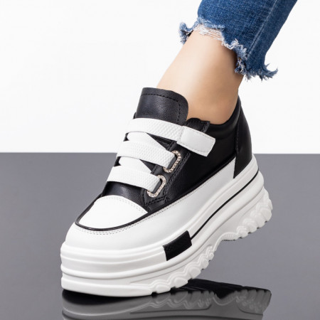 Sneakers cu siret elastic dama negri cu alb ZEF08122