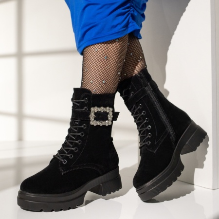Bocanci dama, Bocanci dama cu accesoriu detasabil si fermoar negru suede MOD12631, modlet.ro