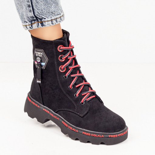REDUCERI INCALTAMINTE, Bocanci negri cu rosu suede dama cu siret si fermoar MOD07155, modlet.ro
