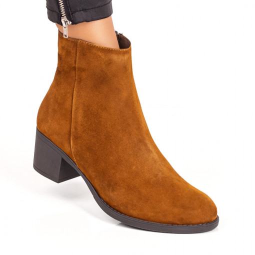 Botine dama cu toc gros maro deschis suede din Piele naturala ZEF06258