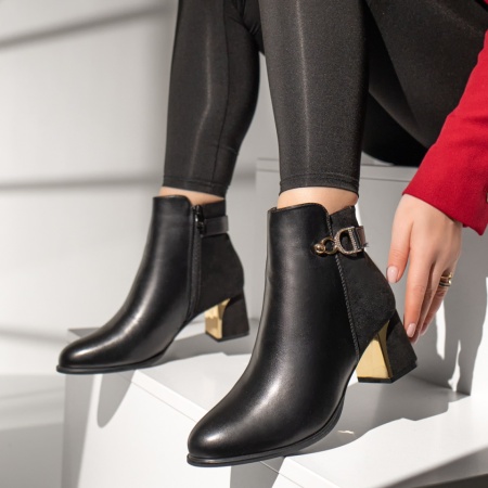 Botine dama, Botine dama cu toc gros negre si accesoriu MOD12389, modlet.ro