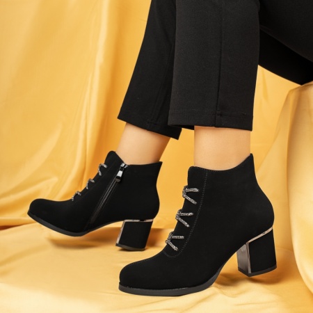 Botine dama cu toc gros negru suede FLORINA7, 3, modlet.ro