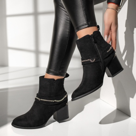 Botine dama cu toc gros si accesoriu decorativ negru suede MOD12637, 3, modlet.ro