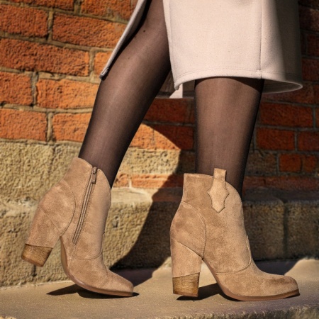 Botine dama cu toc gros si fermoar khaki suede MOD12639, 3, modlet.ro