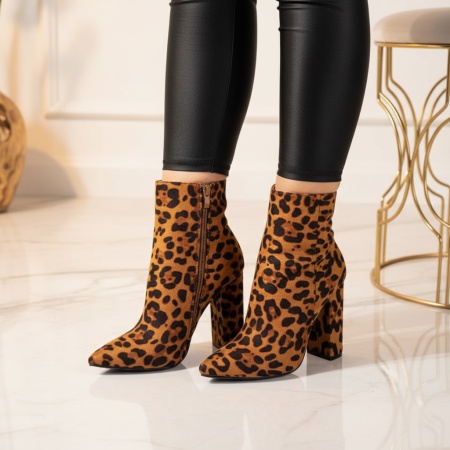 Botine dama cu toc maro cu print MOD10816, 3, modlet.ro