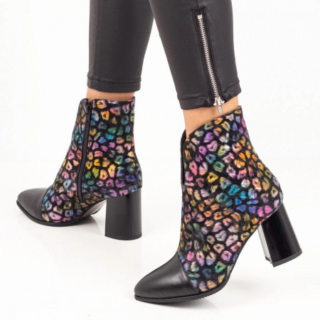 Botine dama cu toc si fermoar cu print multicolor din Piele naturala ZEF07304, 4, zeforia.ro