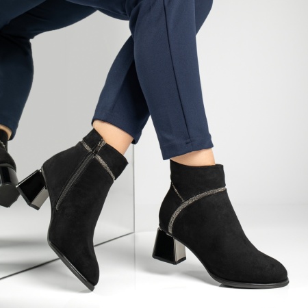 Botine dama cu toc si pietre aplicate negru suede MOD12880, 4, modlet.ro