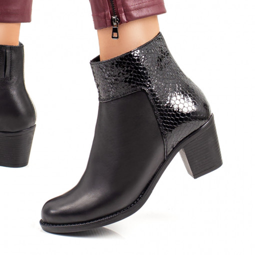 Botine negre dama cu toc gros din Piele naturala MOD05646