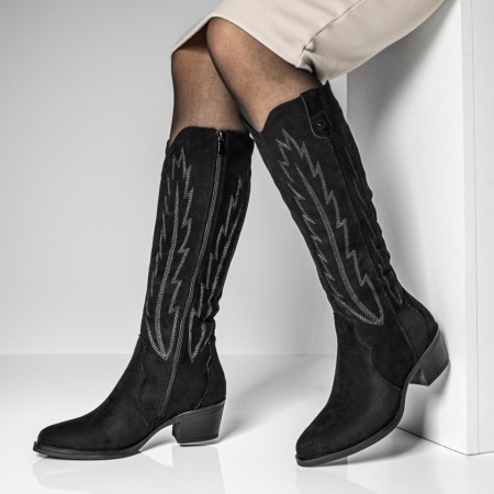 Incaltaminte dama, Cizme dama cu toc gros si imprimeu negru suede MOD12641, modlet.ro